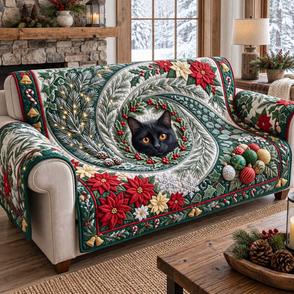 Peeking Santa Black Cat Quilted Sofa Cover GFTOTP21980