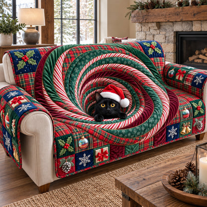 Peeking Santa Black Cat Quilted Sofa Cover GFTOTP21981