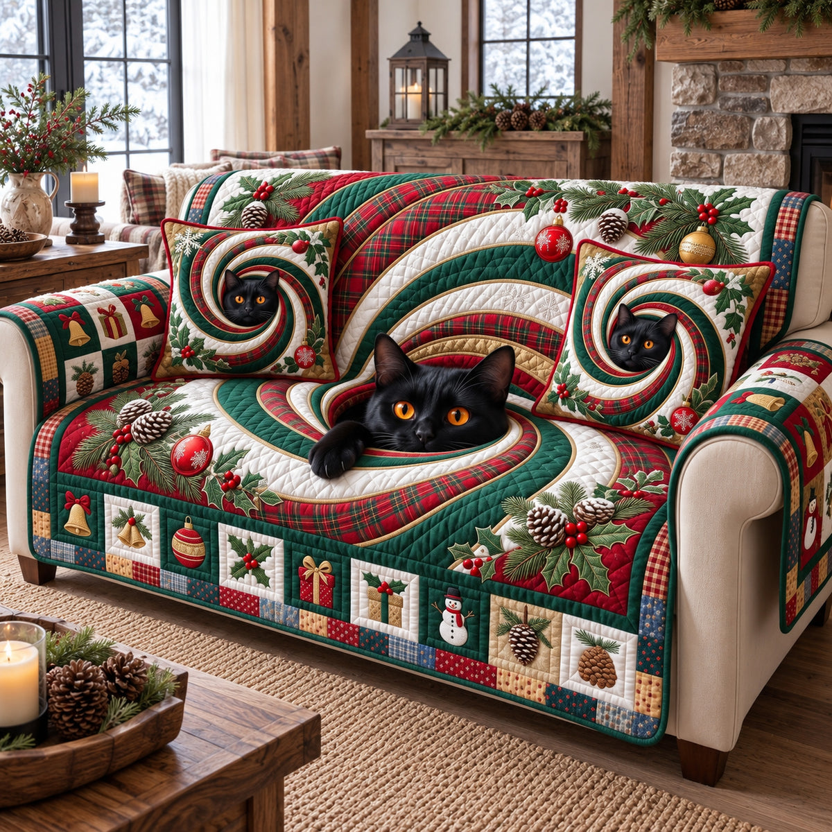 Peeking Santa Black Cat Quilted Sofa Cover GFTOTP21982