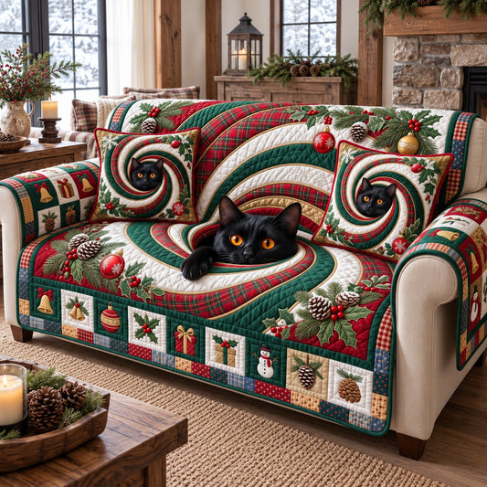 Peeking Santa Black Cat Quilted Sofa Cover GFTOTP21982