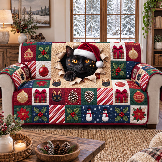 Peeking Santa Black Cat Quilted Sofa Cover GFTOTP21983