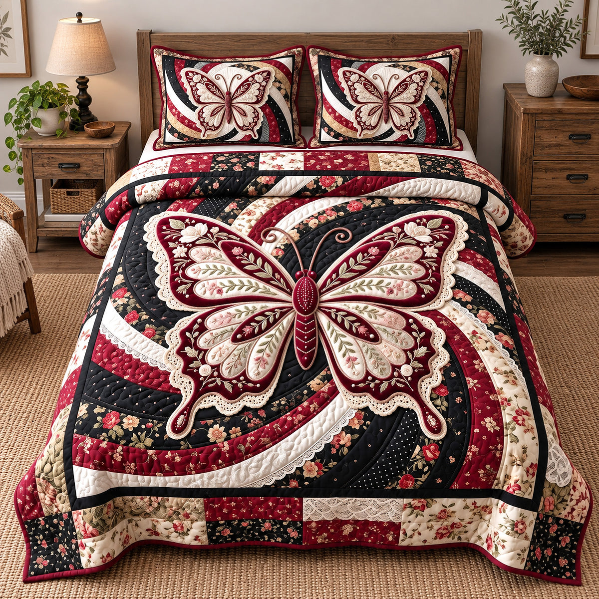Patchwork Butterfly Swirl 3-Piece Quilted Bedding Set GFTOTP22027