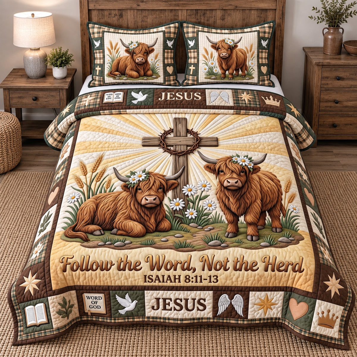 Highland Cows Cross 3-Piece Quilted Bedding Set GFTOTP22040