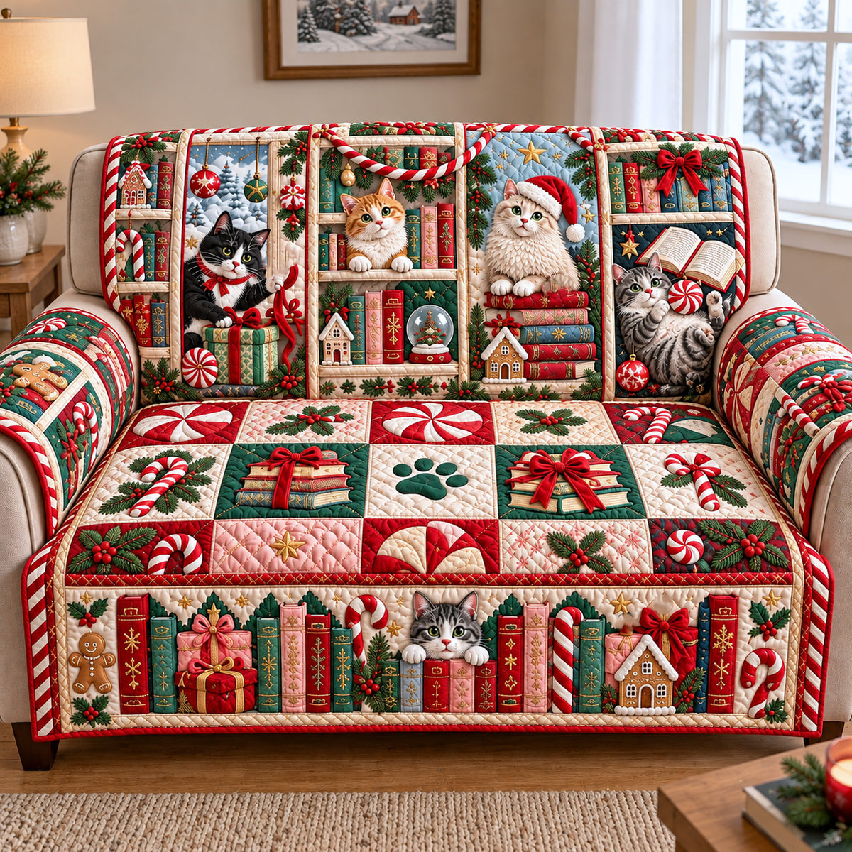 Christmas Cats Library Quilted Sofa Cover GFTOTP22043