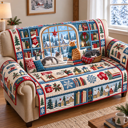 Christmas Cats Library Quilted Sofa Cover GFTOTP22044