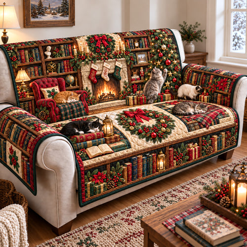 Christmas Cats Library Quilted Sofa Cover GFTOTP22045