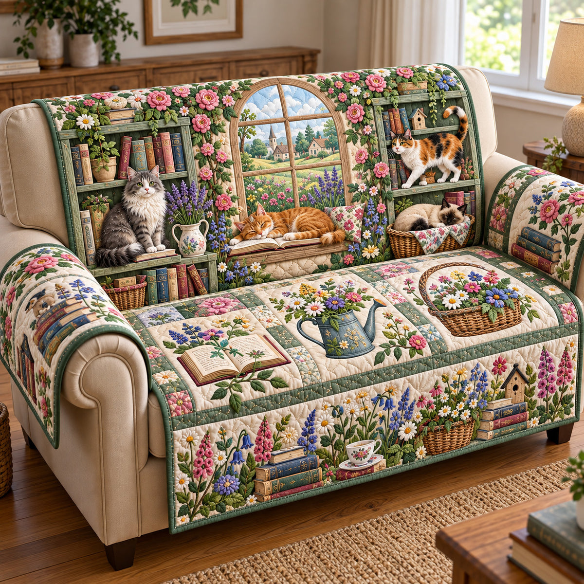 Floral Cats Library Quilted Sofa Cover GFTOTP22046