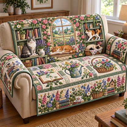 Floral Cats Library Quilted Sofa Cover GFTOTP22046