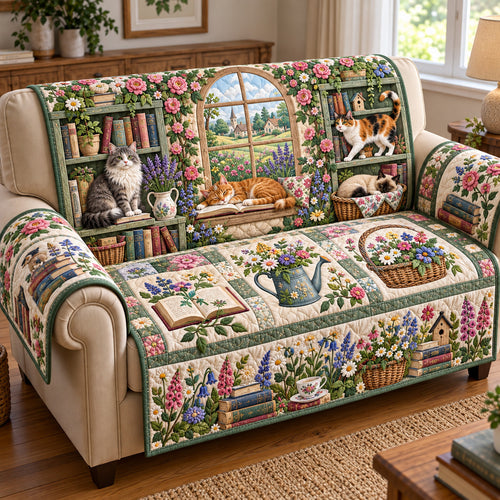 Floral Cats Library Quilted Sofa Cover GFTOTP22046