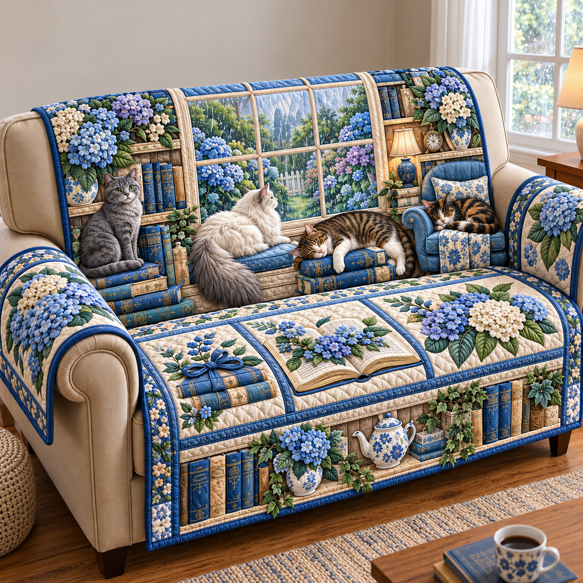 Blue Hydrangea Cats Library Quilted Sofa Cover GFTOTP22047