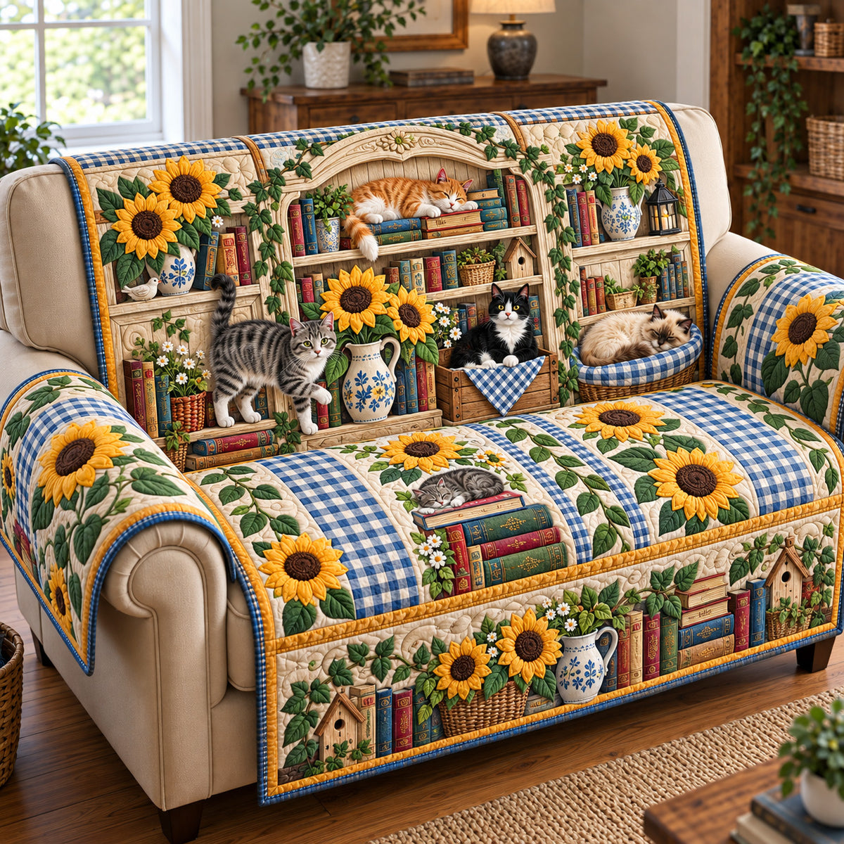 Sunflower Cats Library Quilted Sofa Cover GFTOTP22048