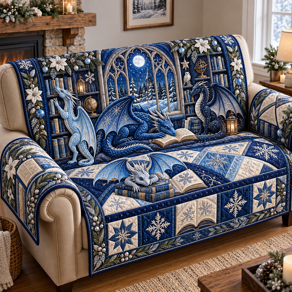 Winter Dragons Library Quilted Sofa Cover GFTOTP22049