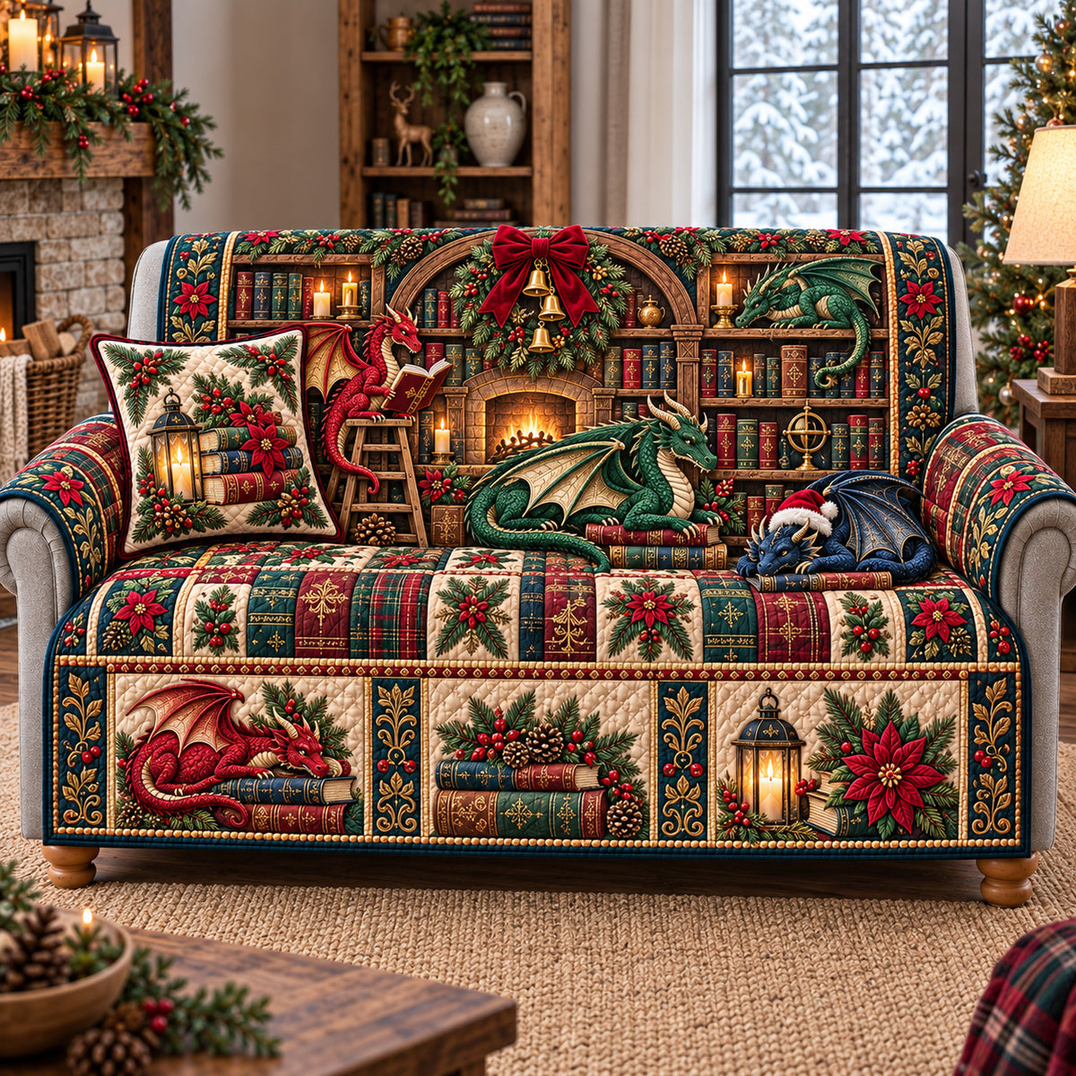Festive Dragons Library Quilted Sofa Cover GFTOTP22050