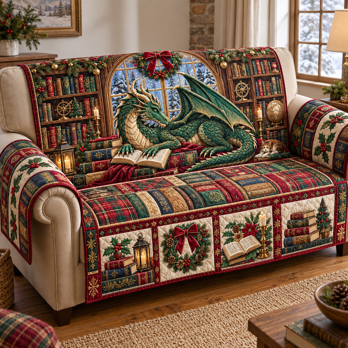 Festive Dragon Library Quilted Sofa Cover GFTOTP22051