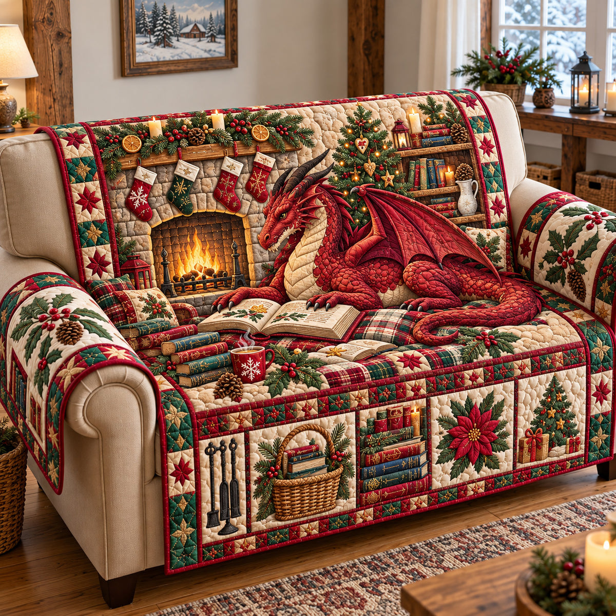 Festive Dragon Library Quilted Sofa Cover GFTOTP22052