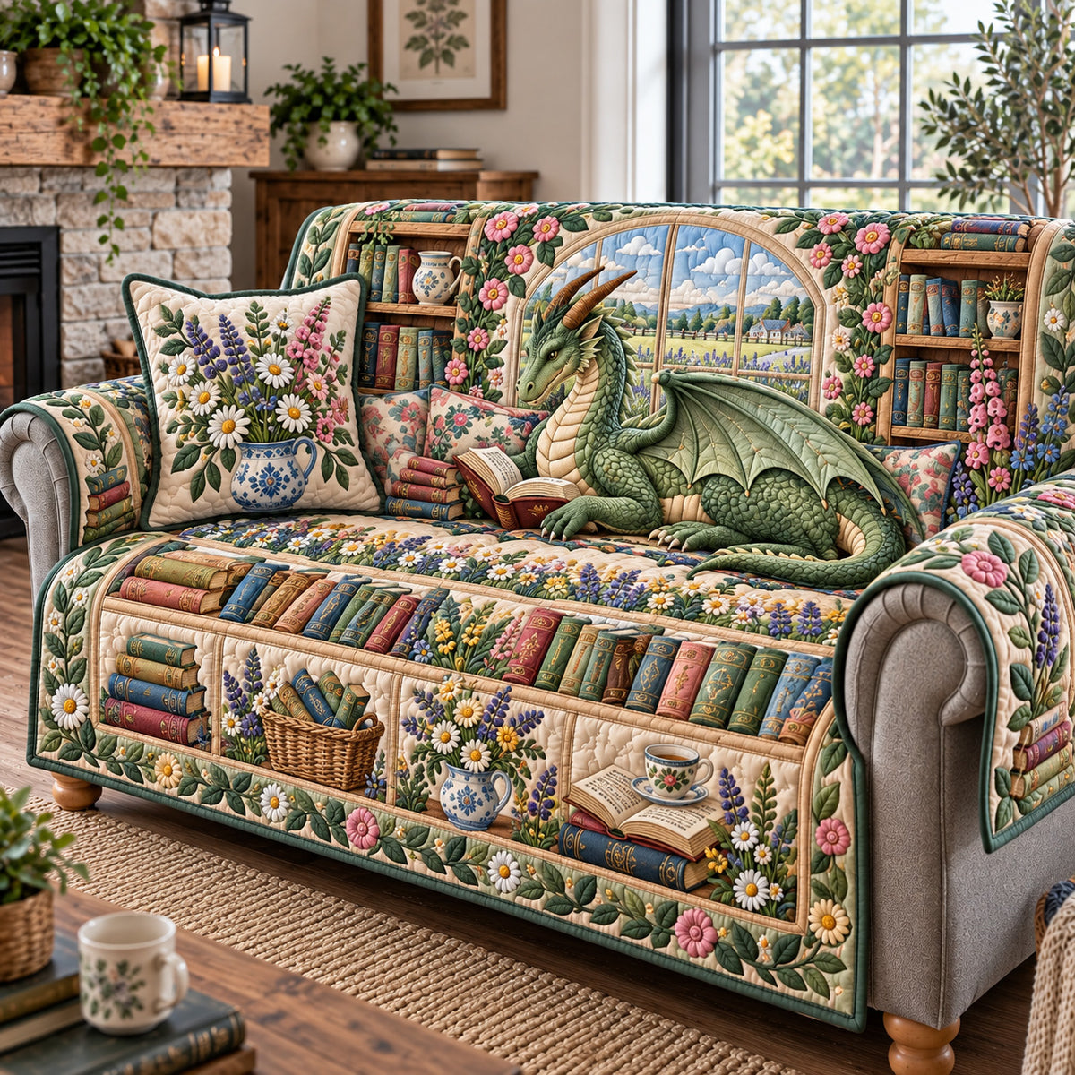 Floral Dragon Library Quilted Sofa Cover GFTOTP22053
