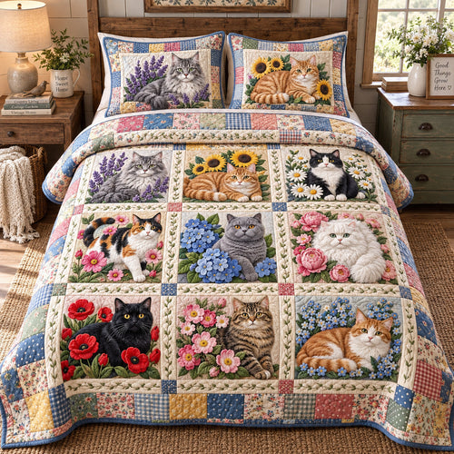 Patchwork Floral Cats 3-Piece Quilted Bedding Set GFTOTP22090