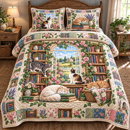 Cozy Bookshelf Cats 3-Piece Quilted Bedding Set GFTOTP22092