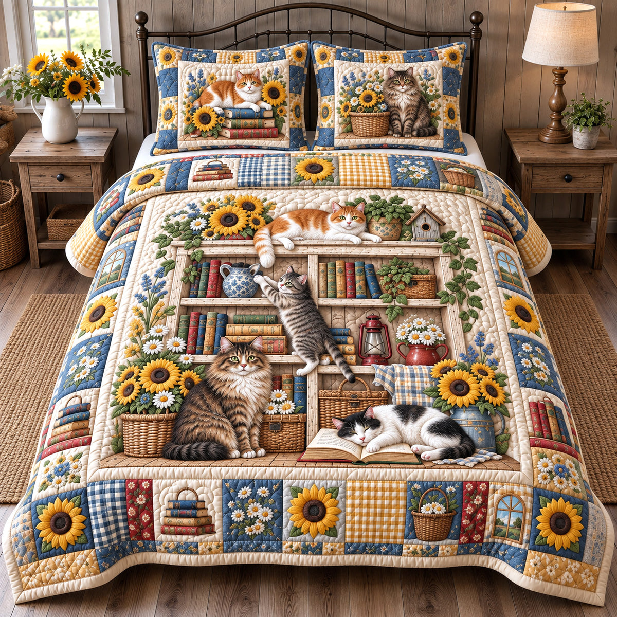 Sunflower Bookshelf Cats 3-Piece Quilted Bedding Set GFTOTP22093