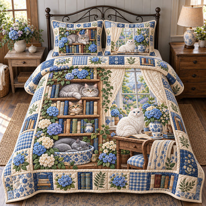 Blue Hydrangea Cats Library 3-Piece Quilted Bedding Set GFTOTP22094