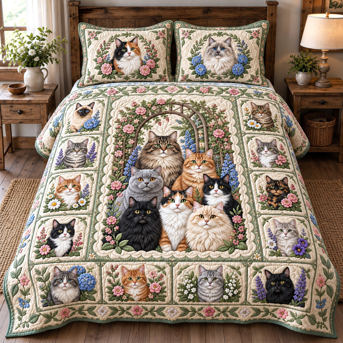Patchwork Floral Cats 3-Piece Quilted Bedding Set GFTOTP22095