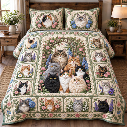 Patchwork Floral Cats 3-Piece Quilted Bedding Set GFTOTP22095