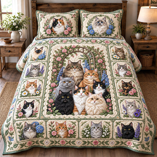 Patchwork Floral Cats 3-Piece Quilted Bedding Set GFTOTP22095