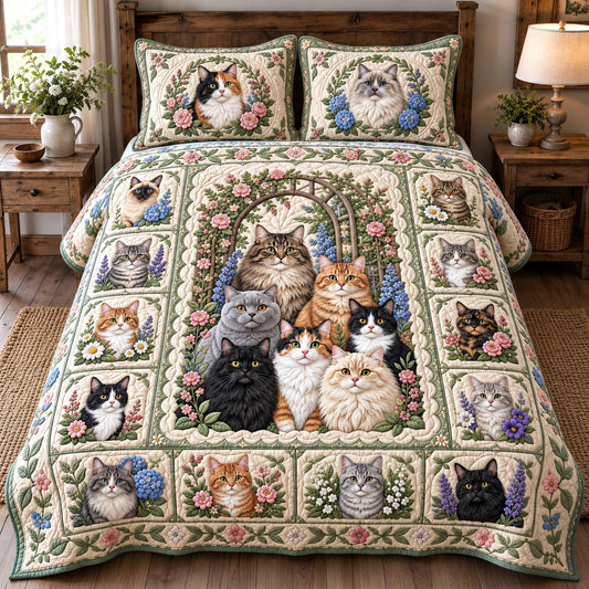 Patchwork Floral Cats 3-Piece Quilted Bedding Set GFTOTP22095