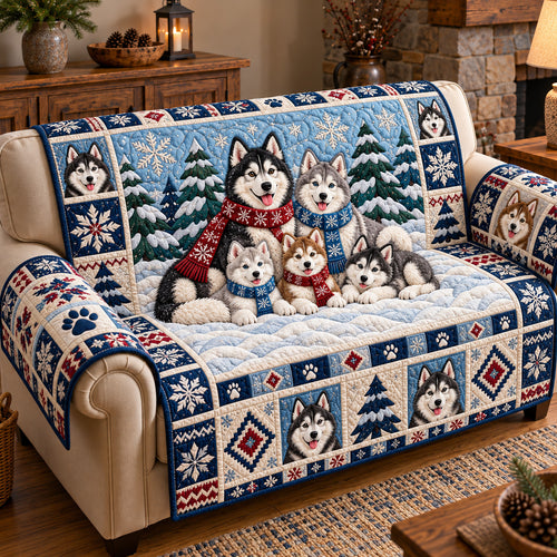 Festive Husky Family Quilted Sofa Cover GFTOTP22151