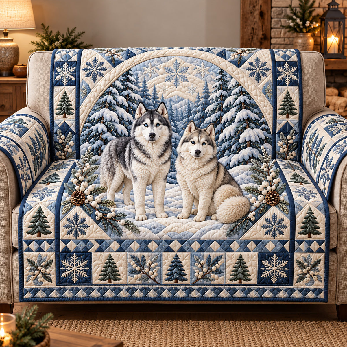 Winter Husky Duo Quilted Sofa Cover GFTOTP22152