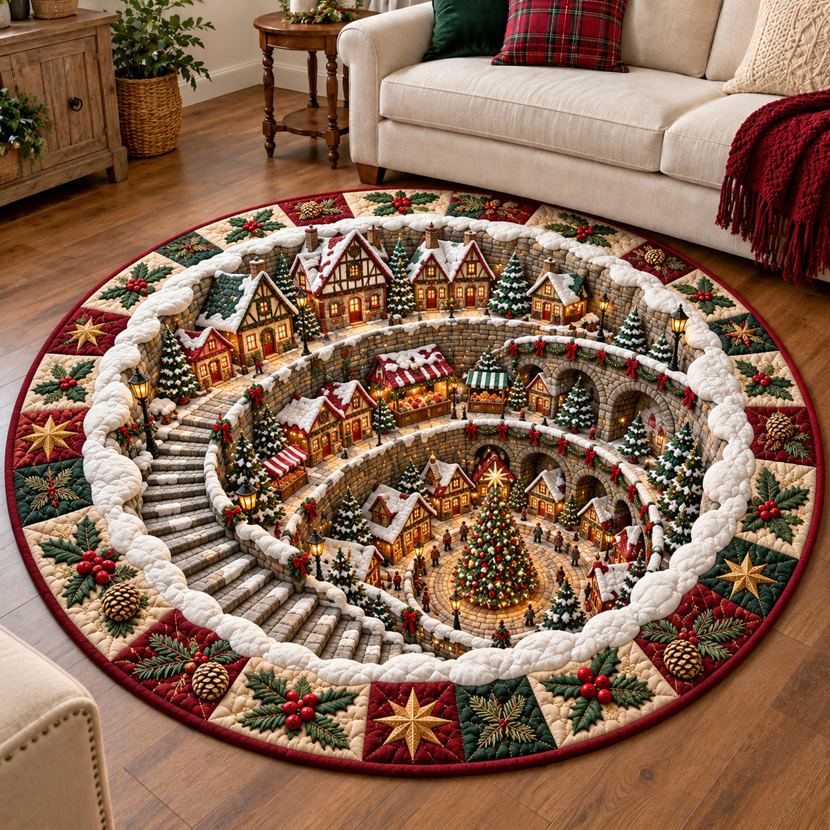 Spiral Christmas Village Quilted Round Mat GFTOTP22158