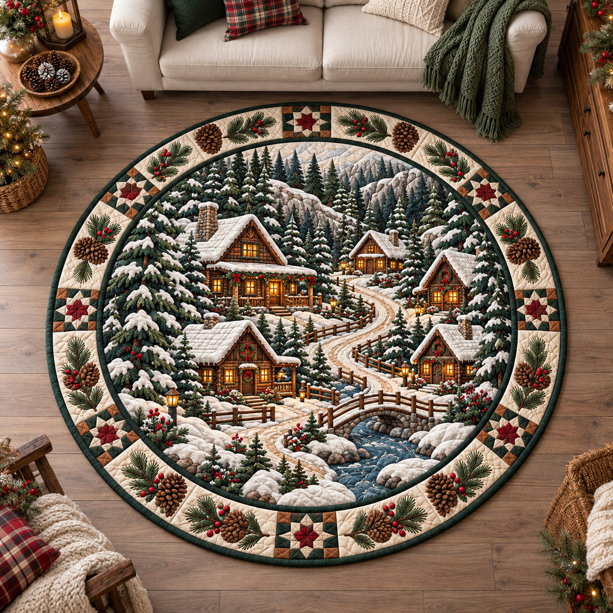 Rustic Christmas Village Quilted Round Mat GFTOTP22162