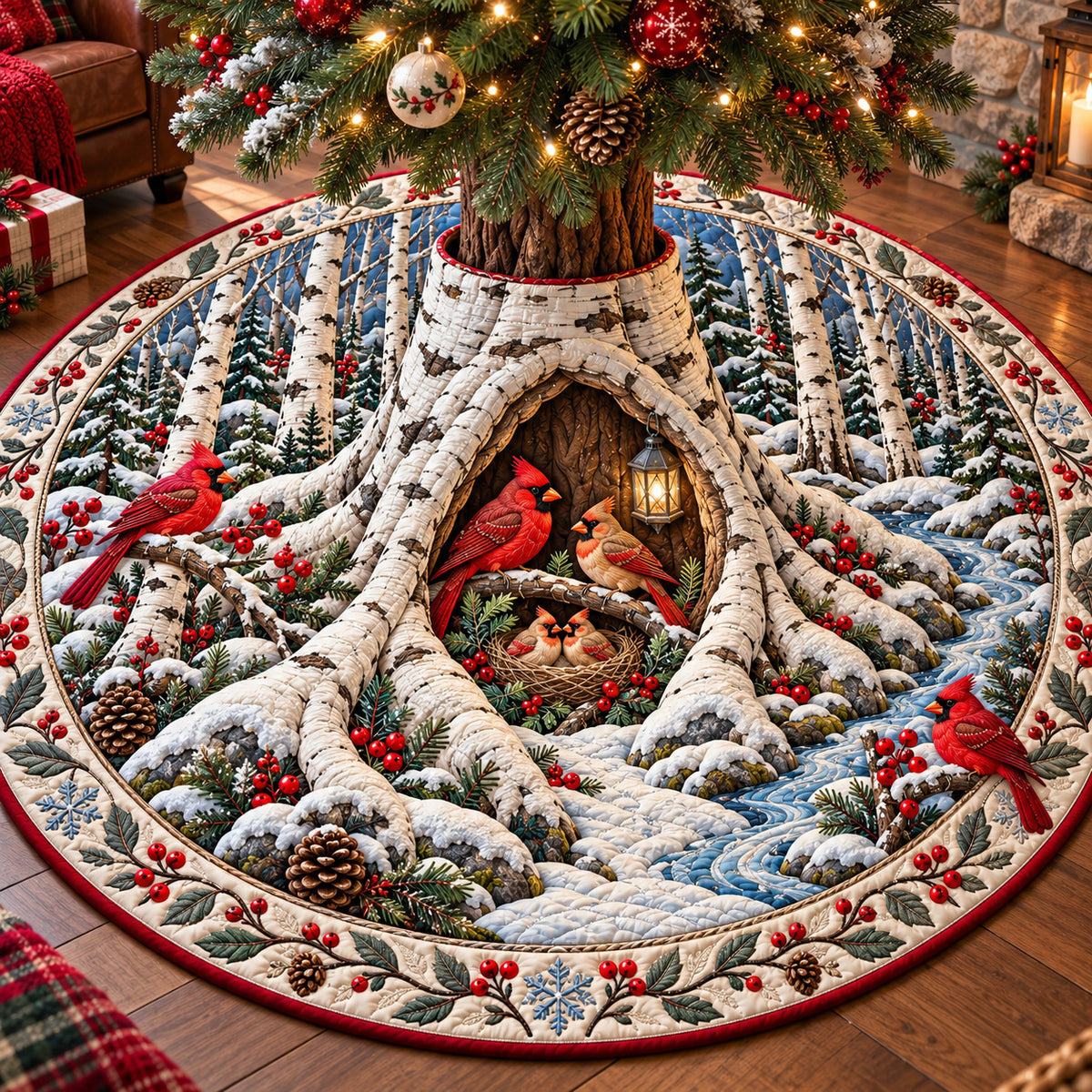 Winter Birch Cardinals Quilted Tree Skirt GFTOTP22169