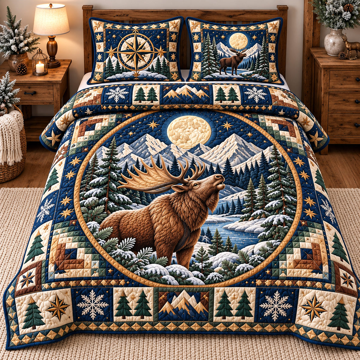 Moonlit Moose Melody 3-Piece Quilted Bedding Set GFTOTP22179