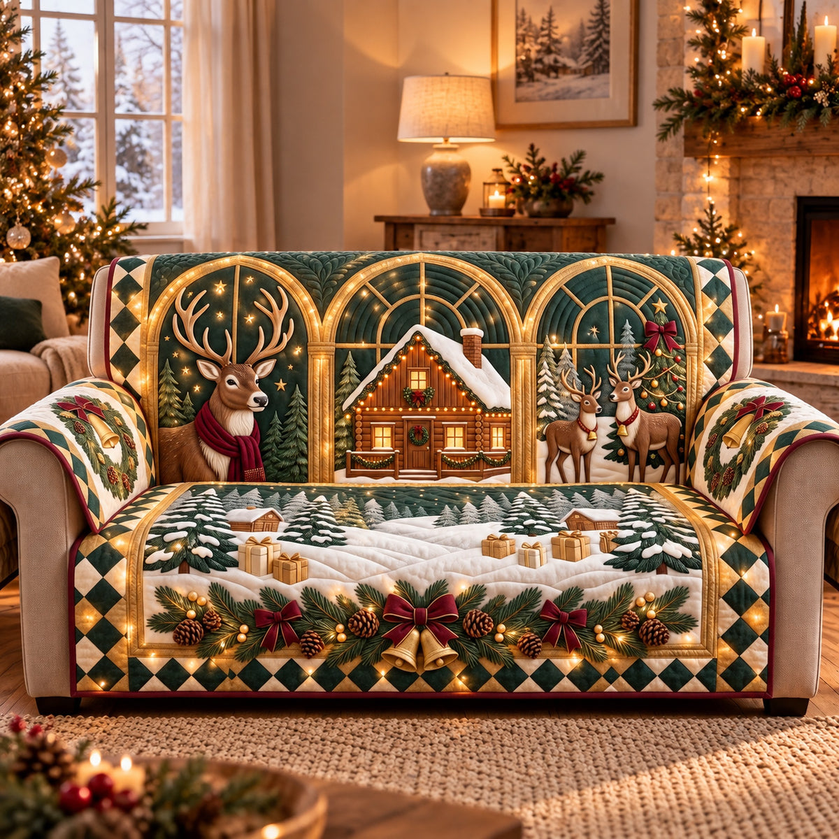 Cozy Reindeer Lodge Quilted Sofa Cover GFTOTP22274