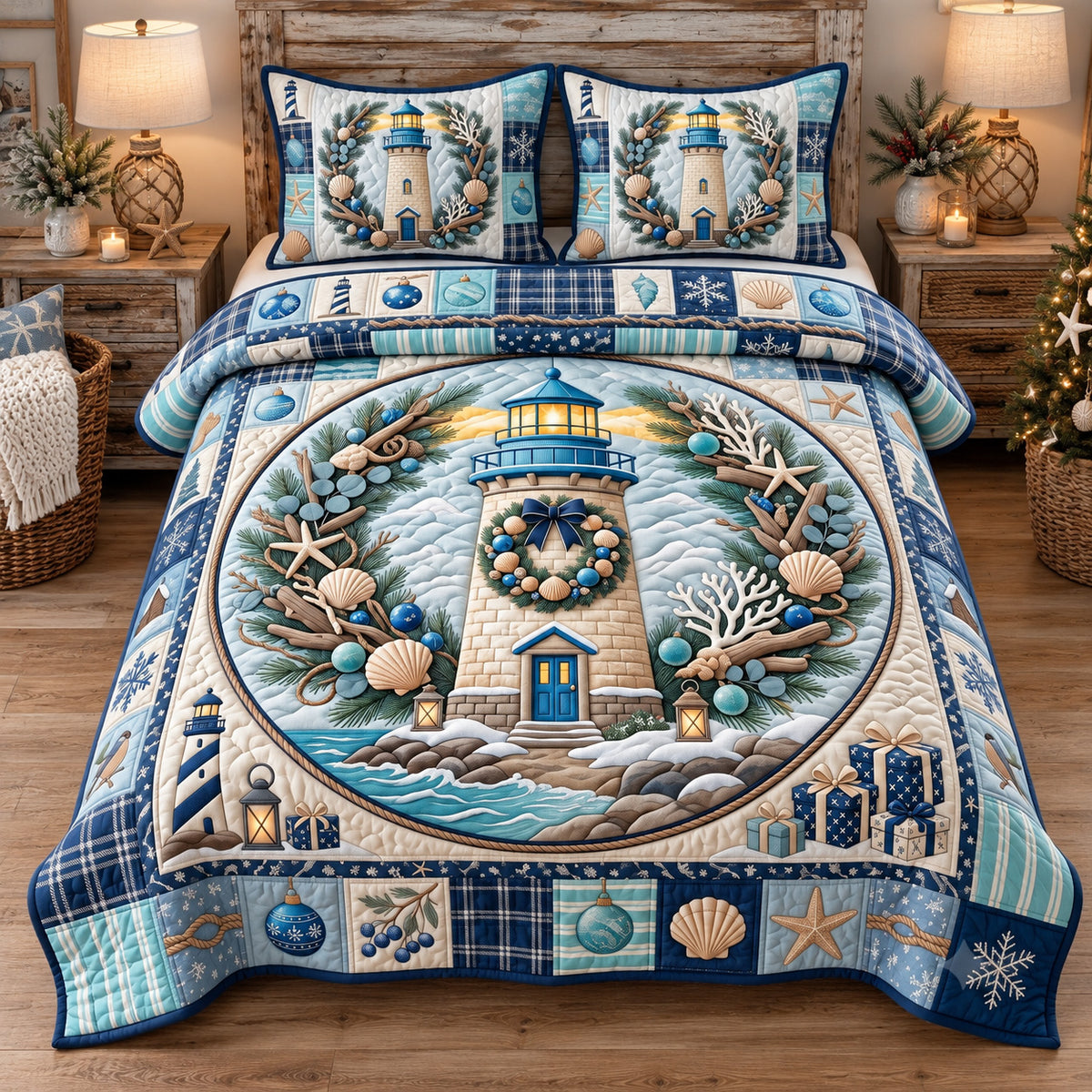 Coastal Lighthouse Christmas 3-Piece Quilted Bedding Set GFTOTP22386