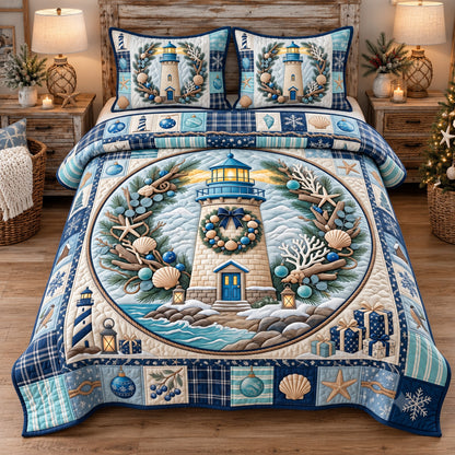 Coastal Lighthouse Christmas 3-Piece Quilted Bedding Set GFTOTP22386