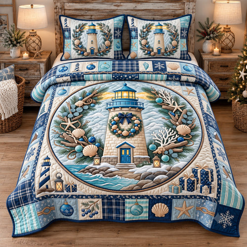 Coastal Lighthouse Christmas 3-Piece Quilted Bedding Set GFTOTP22386