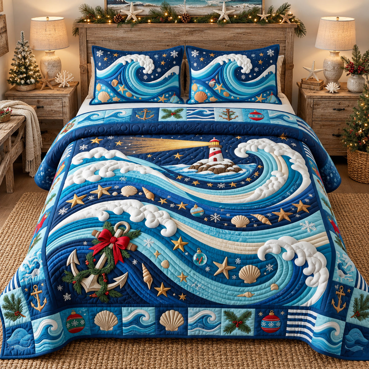 Nautical Christmas Waves 3-Piece Quilted Bedding Set GFTOTP22391