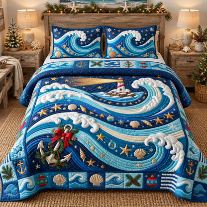 Nautical Christmas Waves 3-Piece Quilted Bedding Set GFTOTP22391