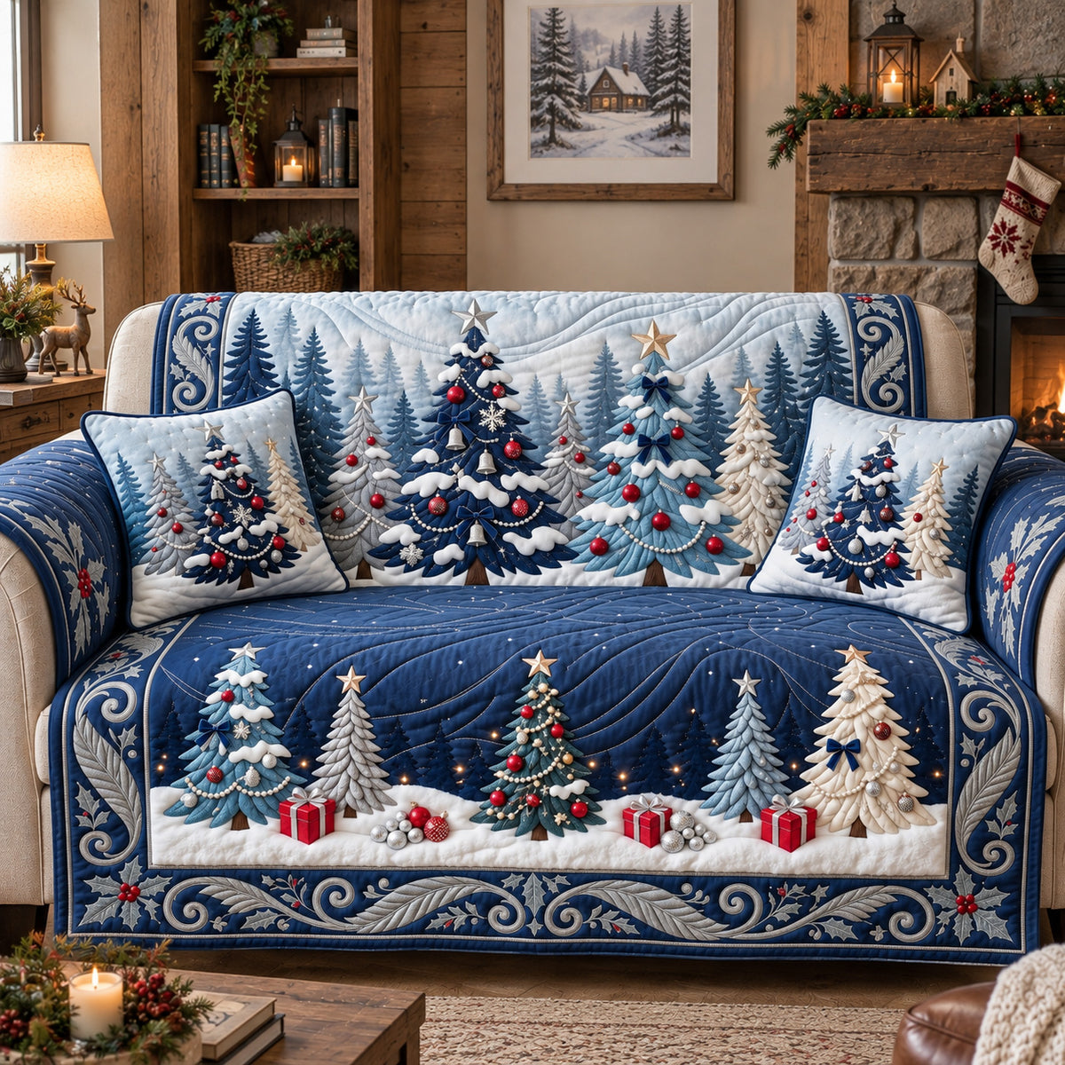 Midnight Snowy Trees Quilted Sofa Cover GFTOTP22392
