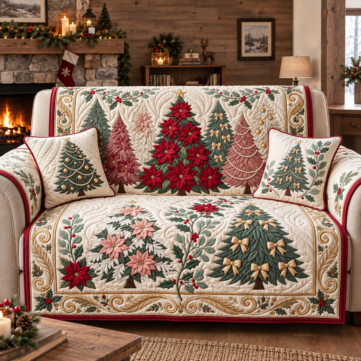 Poinsettia Holiday Trees Quilted Sofa Cover GFTOTP22393