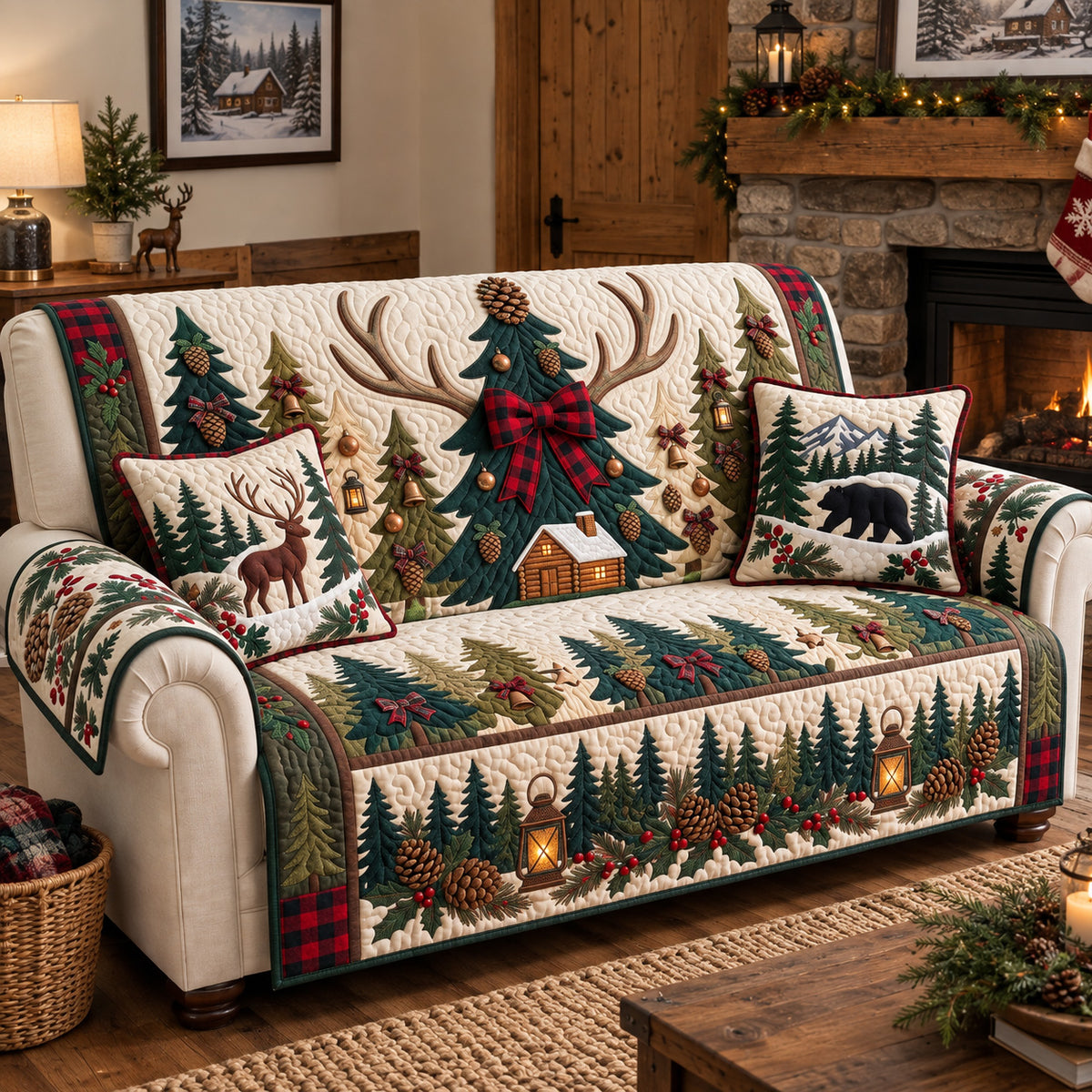 Woodland Holiday Trees Quilted Sofa Cover GFTOTP22394