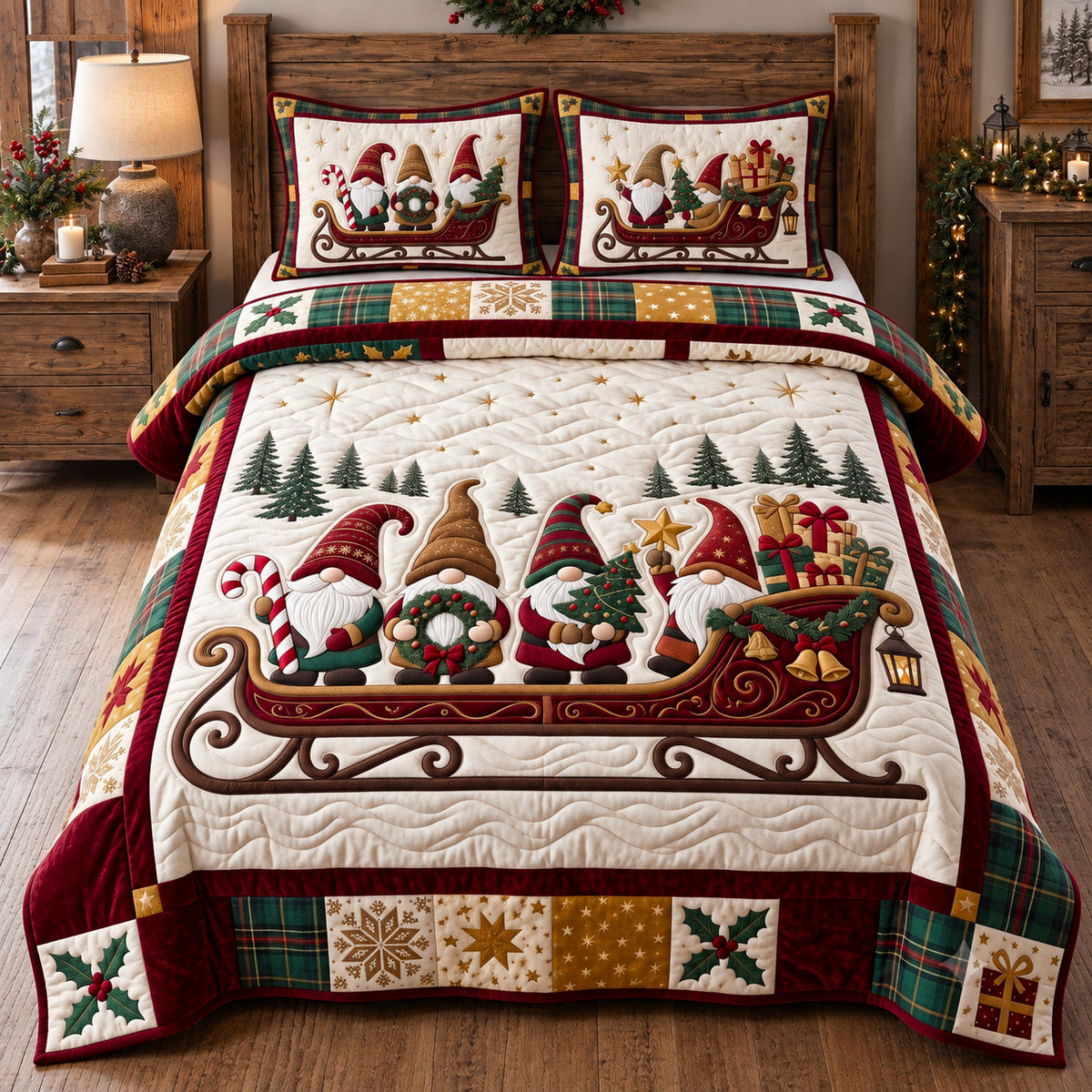 Holiday Sleigh Gnomes 3-Piece Quilted Bedding Set GFTOTP22436