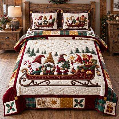 Holiday Sleigh Gnomes 3-Piece Quilted Bedding Set GFTOTP22436