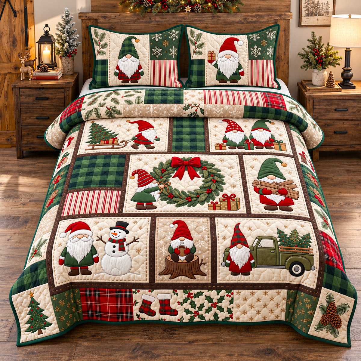 Rustic Holiday Gnome Patchwork 3-Piece Quilted Bedding Set GFTOTP22437