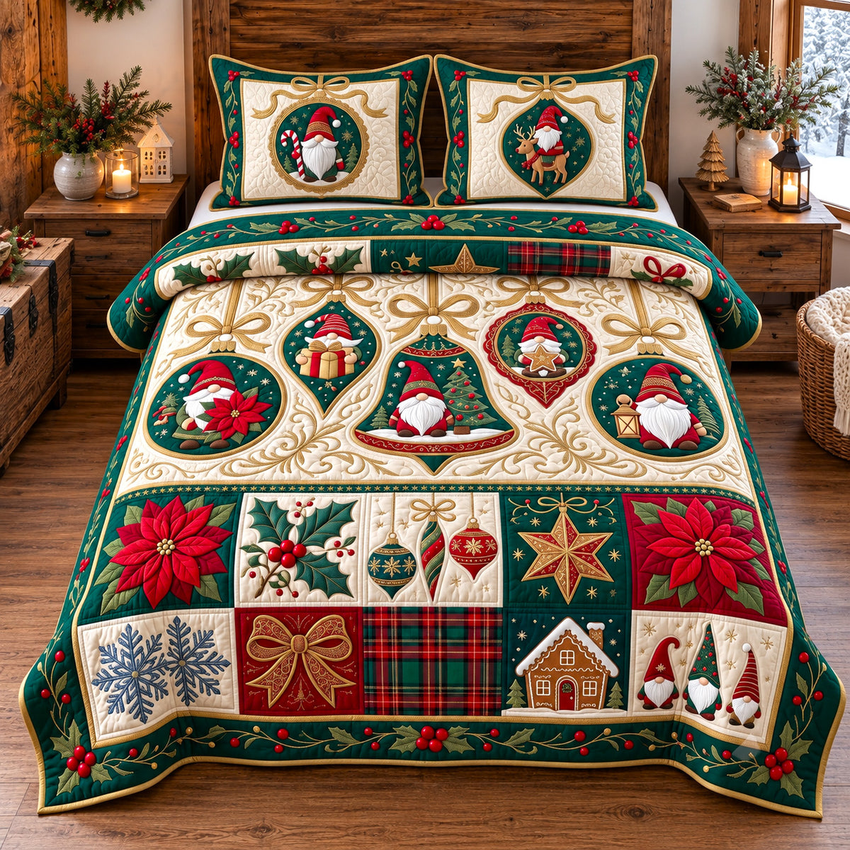 Gnome Ornament Patchwork 3-Piece Quilted Bedding Set GFTOTP22439