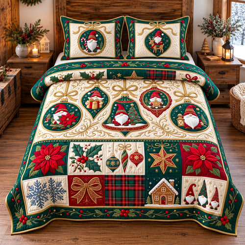 Gnome Ornament Patchwork 3-Piece Quilted Bedding Set GFTOTP22439