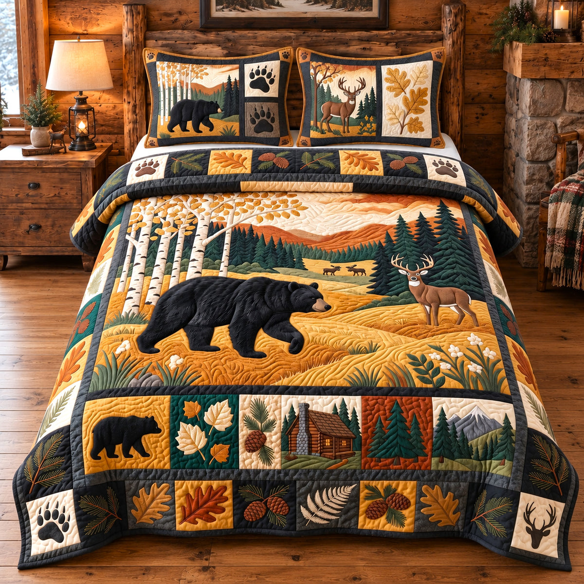 Golden Forest Patchwork 3-Piece Quilted Bedding Set GFTOTP22444