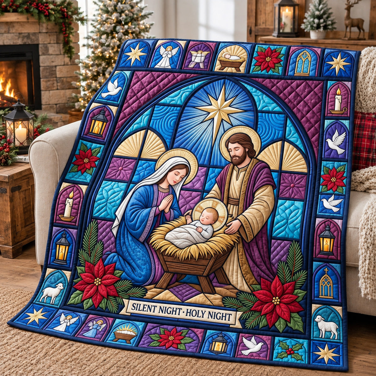 Stained Glass Nativity Quilted Blanket GFTOTP22499